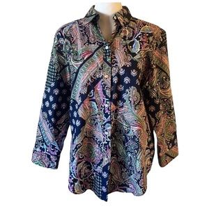 Lauren Ralph Lauren Colorful Paisley Pattern Non Iron Long Sleeve Blouse Size XL
